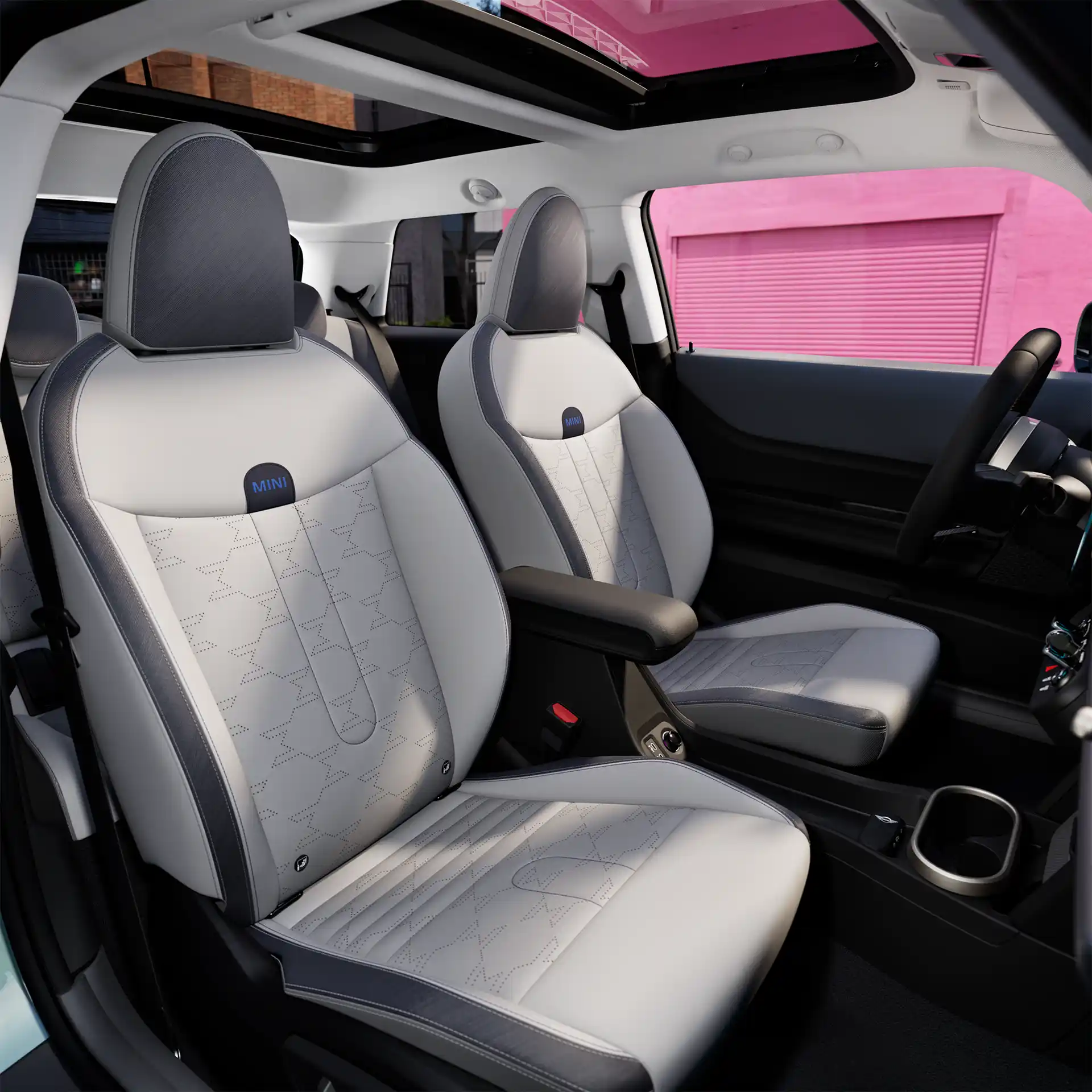 Visning af MINI Cooper indvendigt med fokus på blå/grå forsæder i Vescin/tekstil 