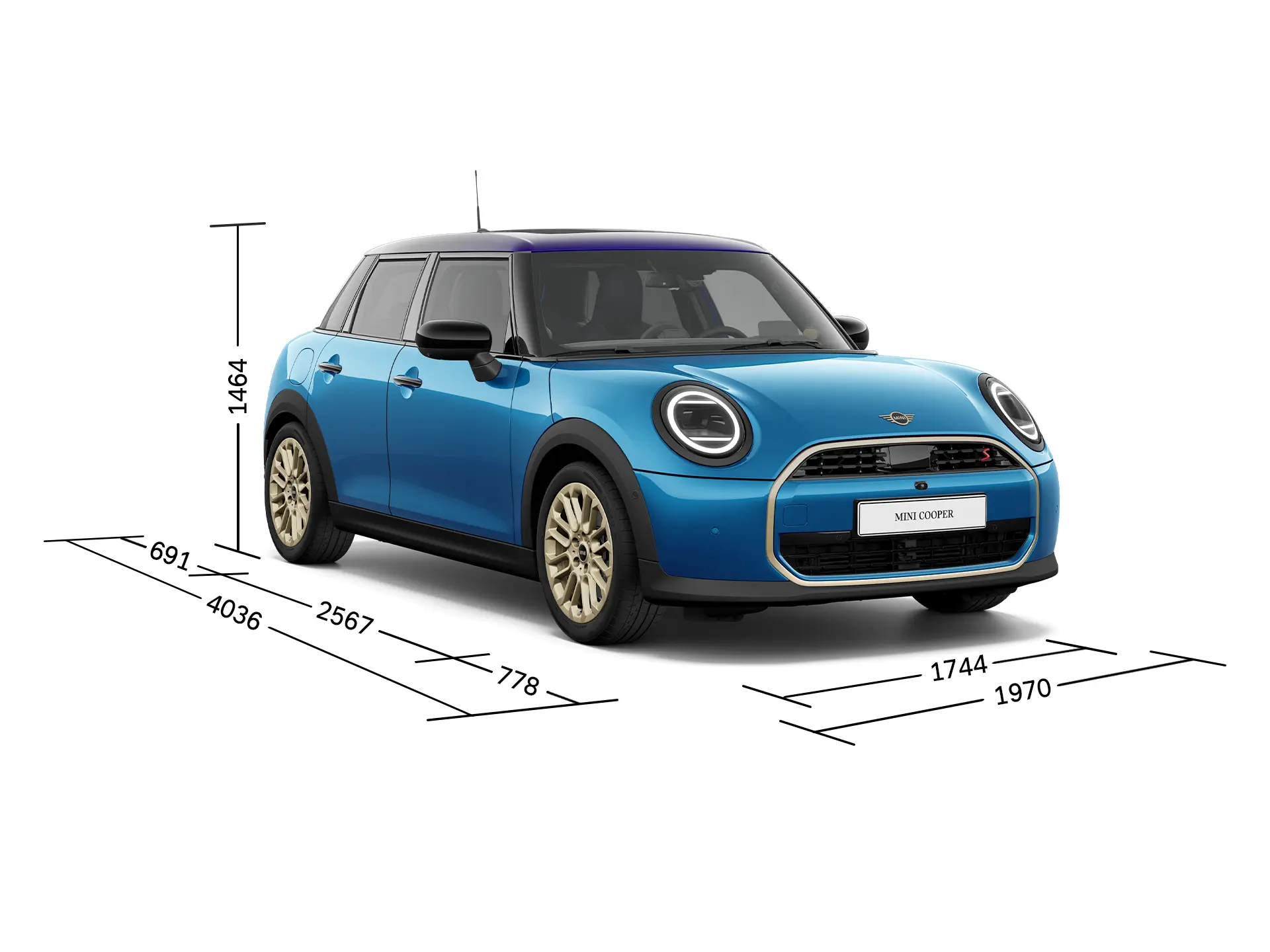MINI Cooper 5-dørs – Set forfra med dimensioner