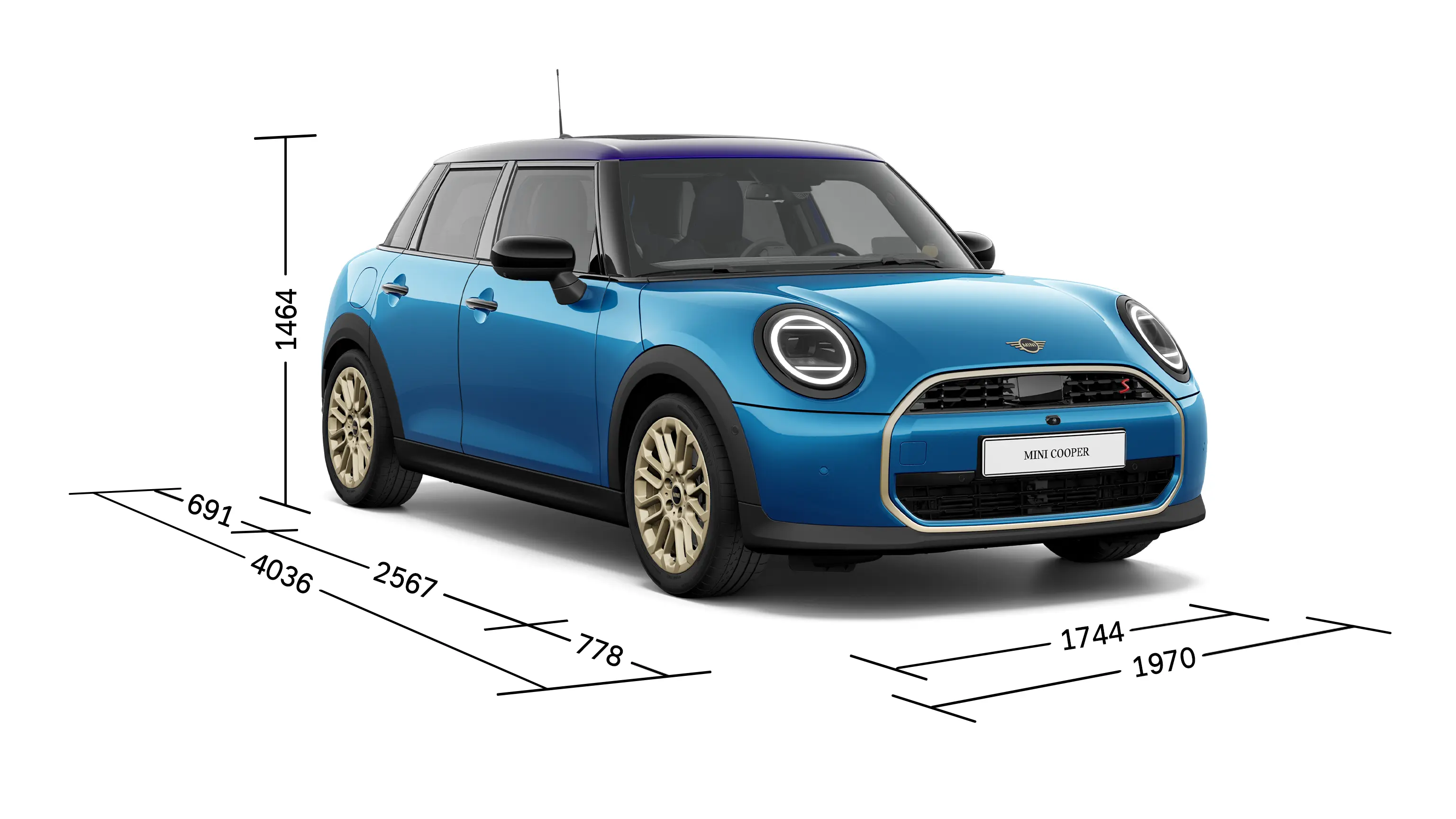 MINI Cooper 5-dørs – Set forfra med dimensioner