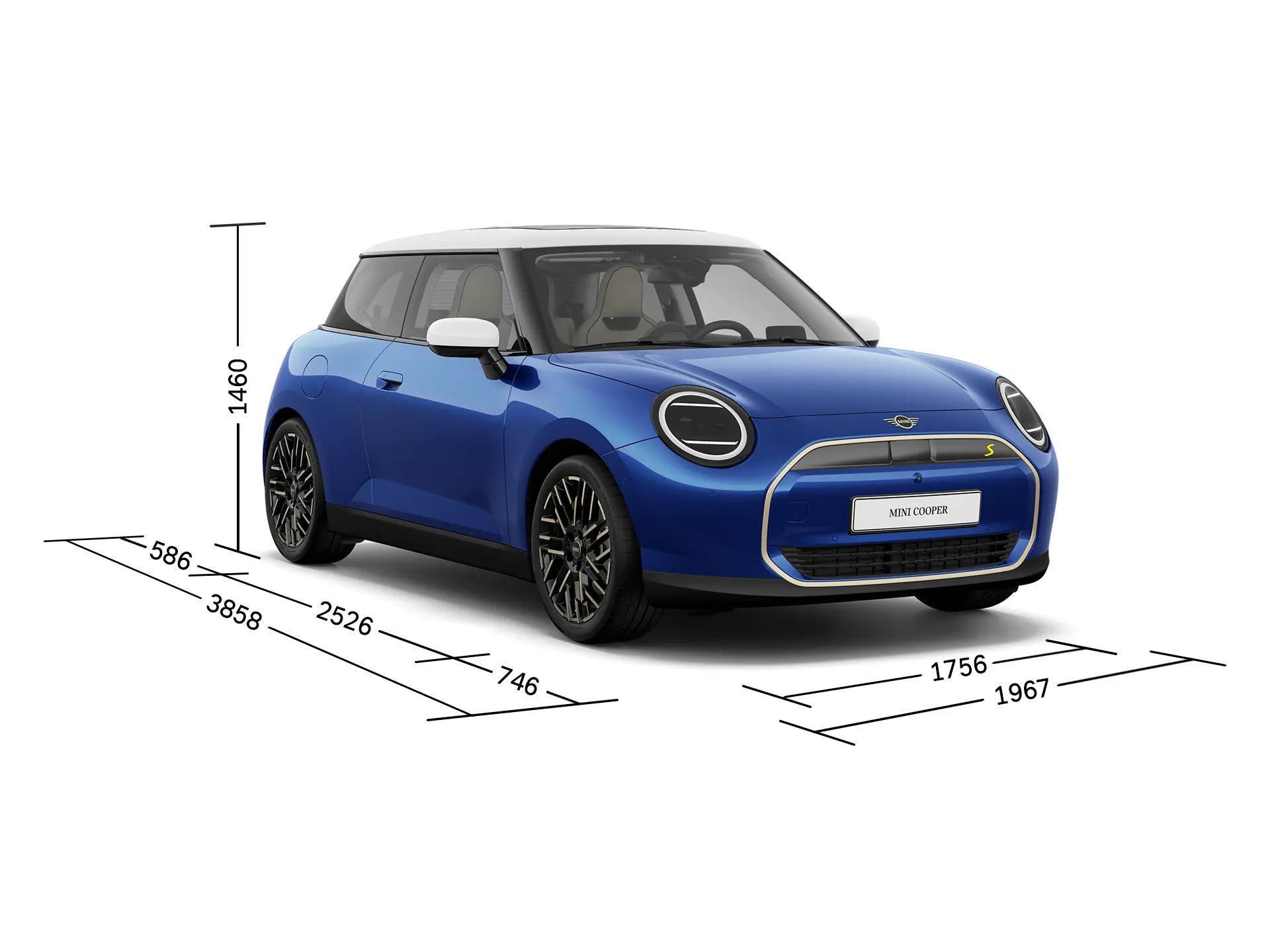 Fuldelektrisk MINI Cooper – Set forfra med dimensioner