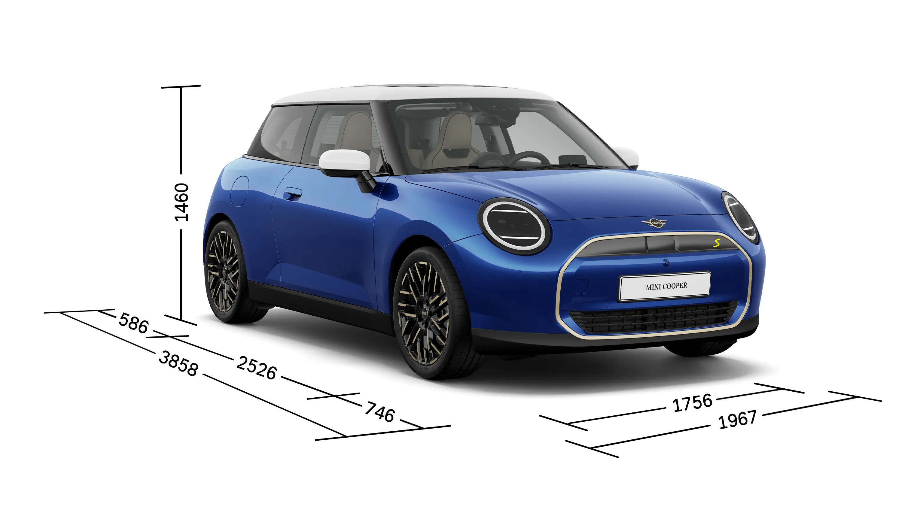 Fuldelektrisk MINI Cooper – Set forfra med dimensioner