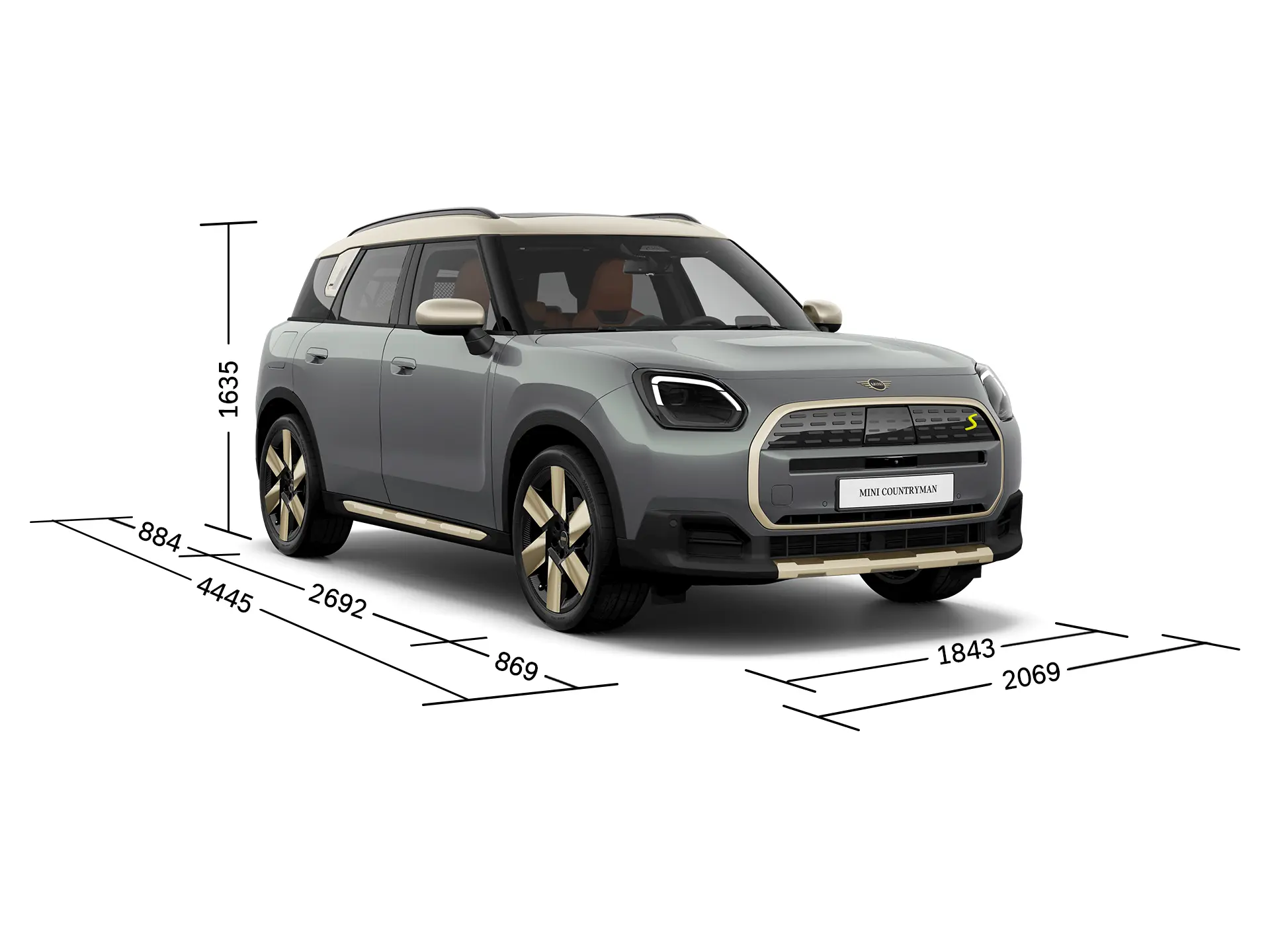 Fuldelektrisk MINI Countryman – set forfra med målangivelse