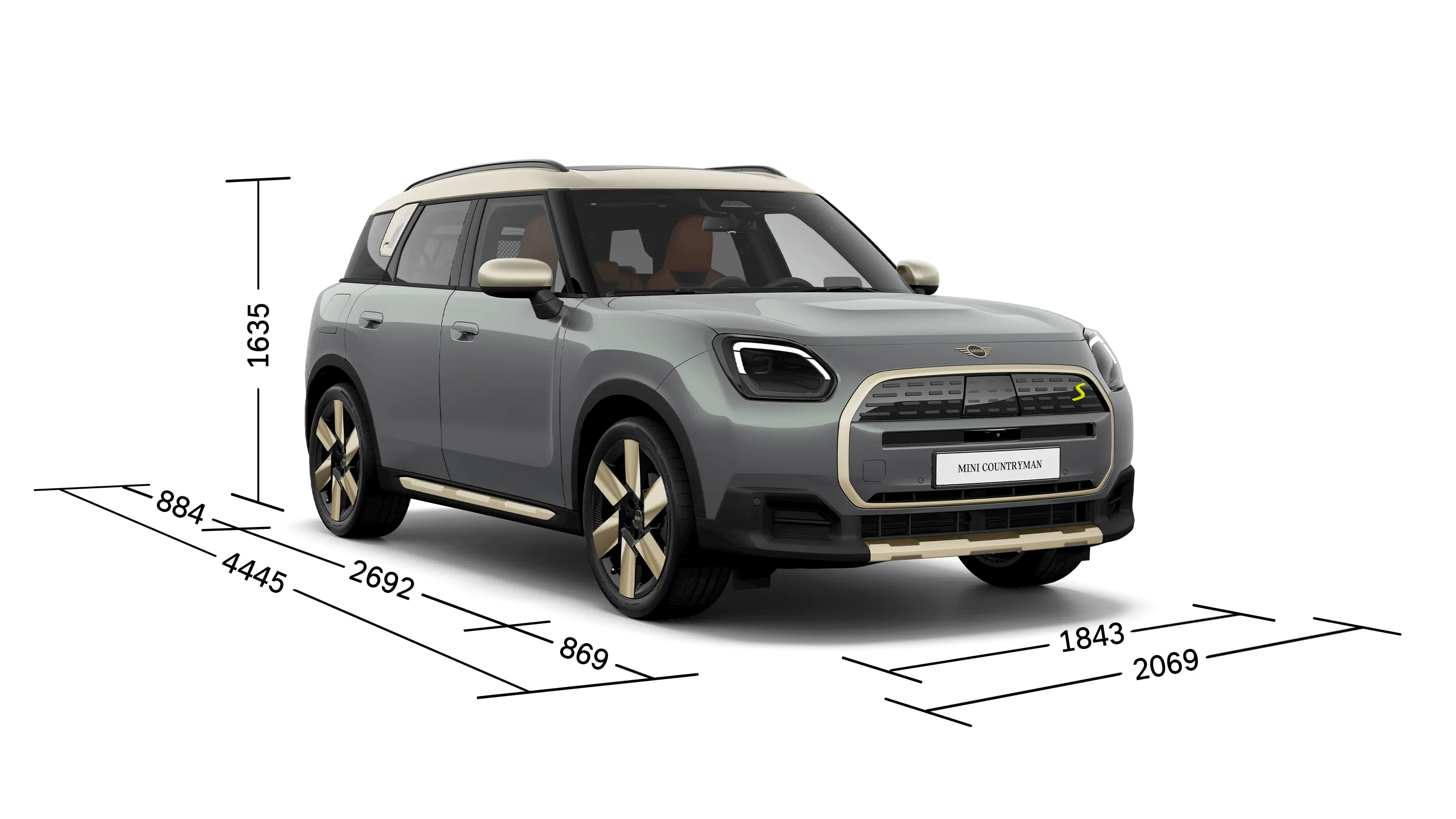 Fuldelektrisk MINI Countryman – set forfra med målangivelse