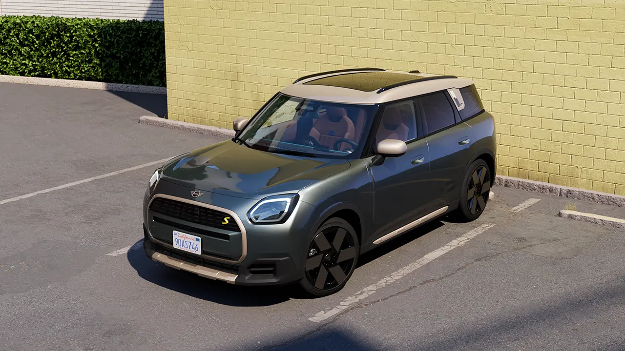 Video, der viser en MINI Countryman i detaljer indvendigt og udvendigt. Kameraet panorerer henover instrumentbrættet og fremhæver designelementer.