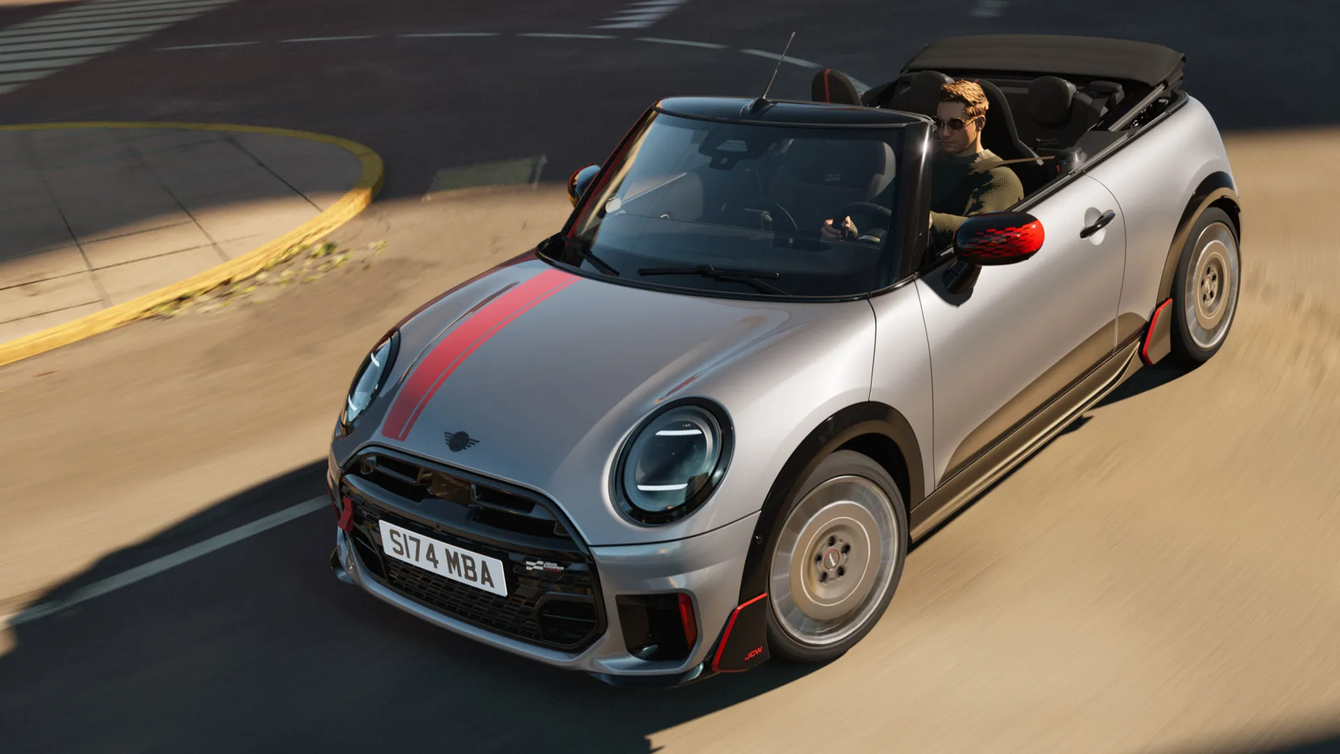 MINI Cabriolet set ovenfra med John Cooper Works-foliering i Chili Red.