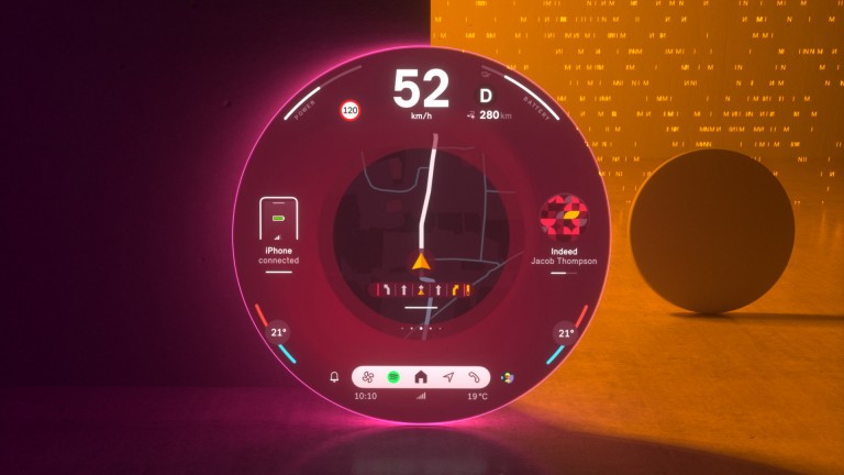 MINI rundt display i Vivid Mode, der viser navigationsskærm